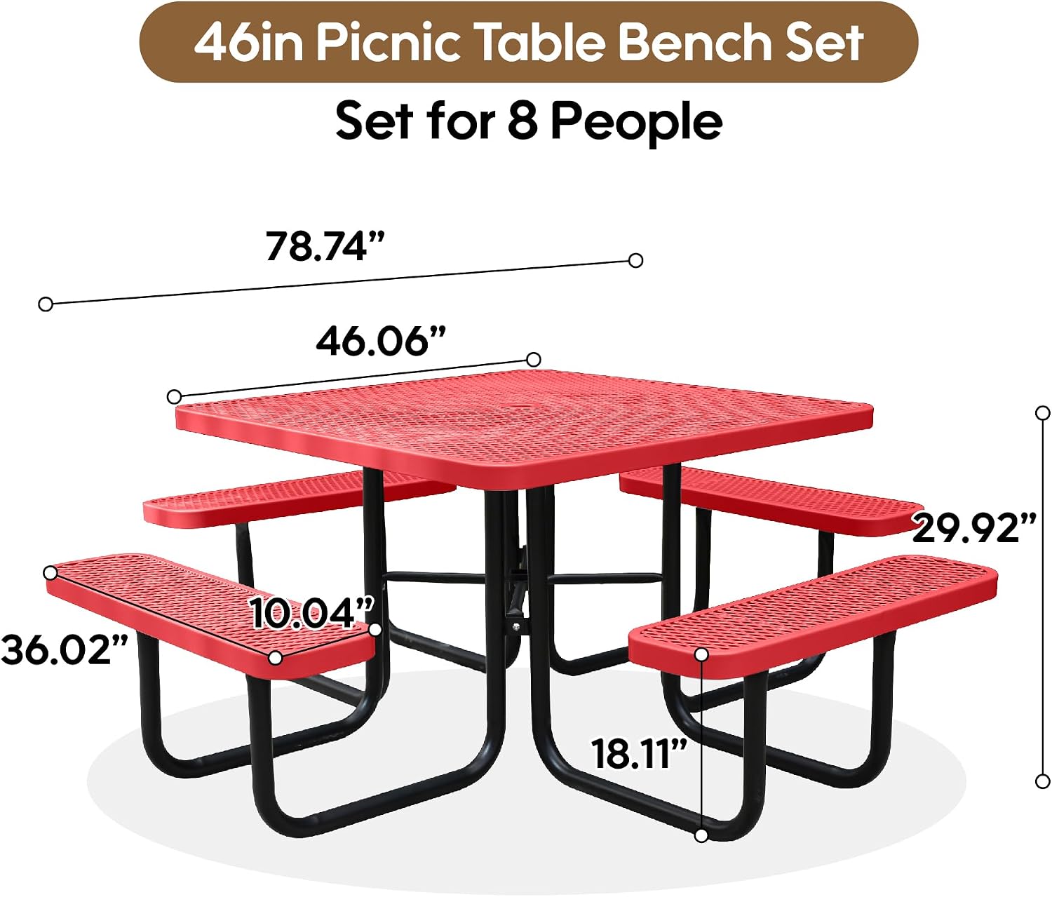 46Inch Square Picnic Table for 8 Person, Outdoor Heavy Duty Sturdy Picnic Tables with 4 Benches & Umbrella Hole, Commercial Metal Patio Picnic Table for Garden, BBQ, Coffee Store, Party, Porch (Red)