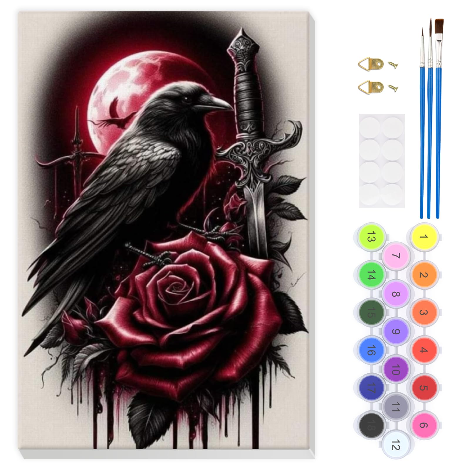 EOBROMD Crow Paint by Numbers for Adults with Frame, Rose Paint by Numbers Kits, Full Moon DIY Color Oil Painting Acrylic Easy Painting by Numbers for Gift Home Wall Decor (8x12inch)