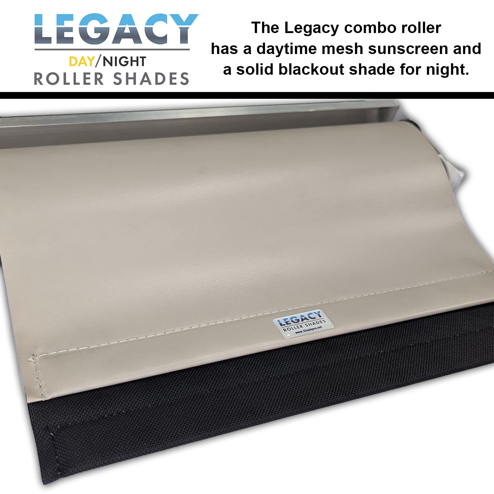 ShadePro - Legacy Roller Shades - Day Night Combo Pull Down Blinds - Light Filtering Solar Mesh Sunscreen for Day - Blackout Shade for Night - Fits RV, Camper, or Motorhome - Khaki - 60