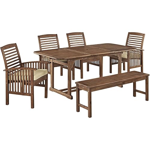 Walker Edison Maui Modern 6 Piece Solid Acacia Wood Slatted Outdoor Dining Set, Set of 6, Dark Brown