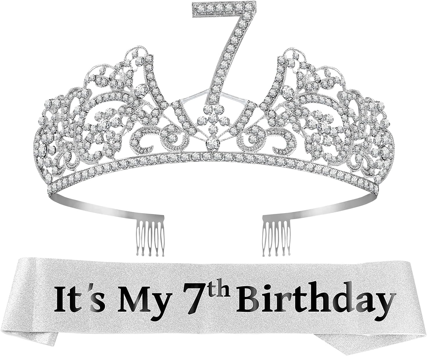 7th Birthday Sash and Tiara for Girls - Fabulous Glitter Sash + Flowers Rhinestone Silver Premium Metal Tiara for Girls, 7th Birthday Gifts for Princess Party
