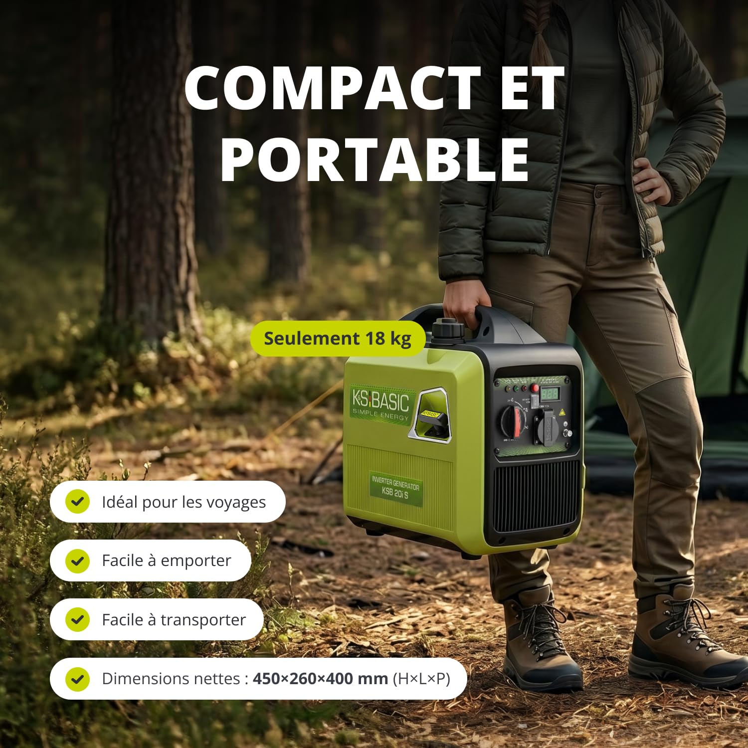 K&S BASIC Générateur inverter 20i S 2000 W, générateur de secours à essence 230 V - Onde sinusoïdale pure, générateur de courant avec mode éco, affichage LED, puissance nominale de 1,8 kW, portable