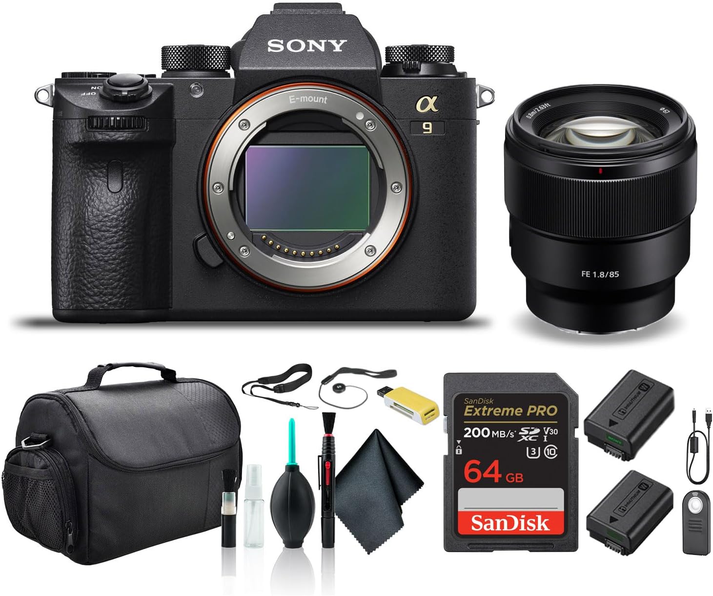 Sony Alpha a9 Mirrorless Camera ILCE9/B with Sony FE 24-70mm Lens, Soft Bag, Additional Battery, 64GB Memory Card, Card Reader, Plus Accessories