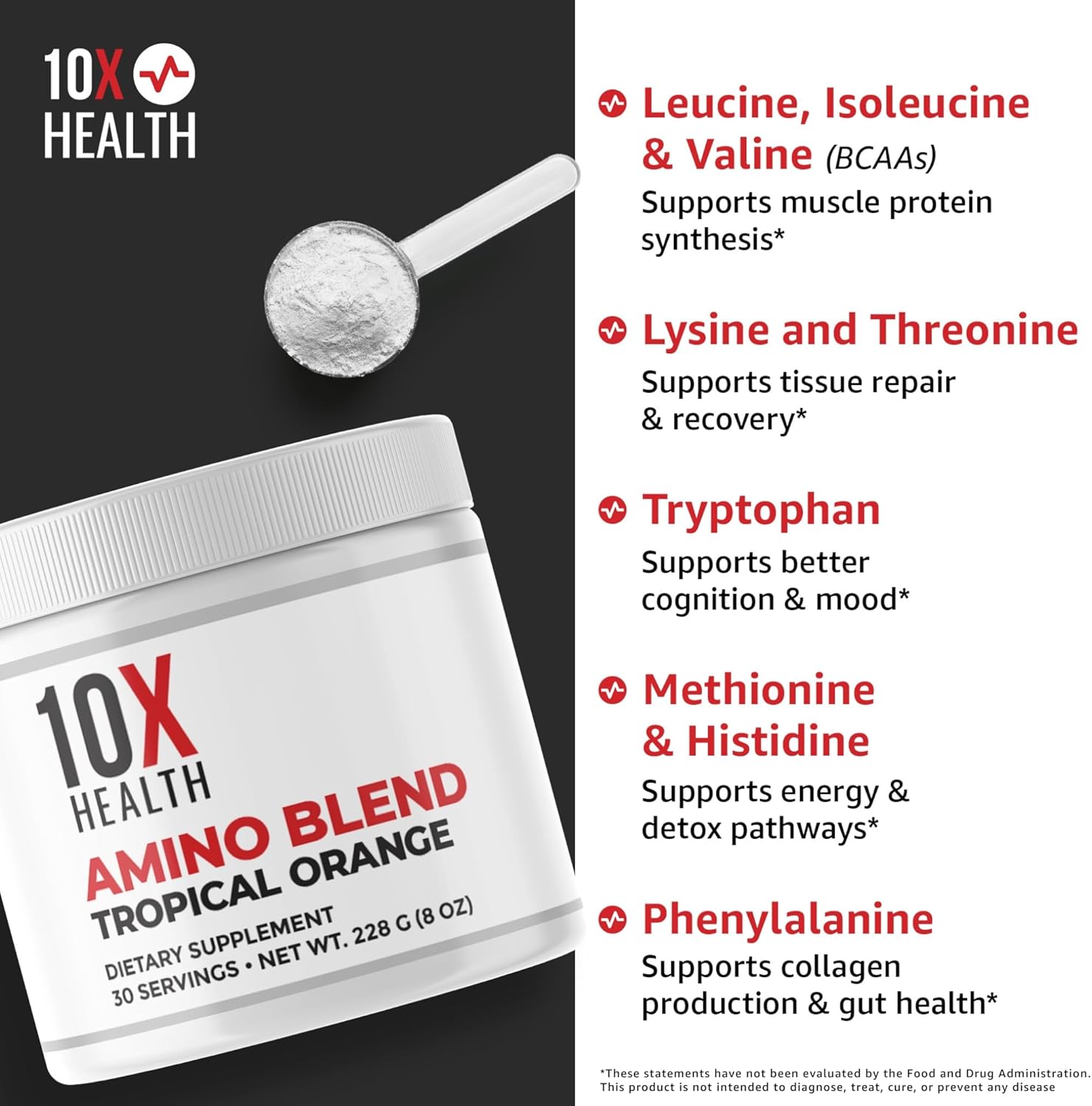 10X Health Amino Acids - 30 Servings of EAA & BCAA Powder, Pre Workout BCAA with Essential Amino Acids Supplement - BCAAs & EAAs for Longevity, Muscle Support, Strength, Energy - Tropical Orange