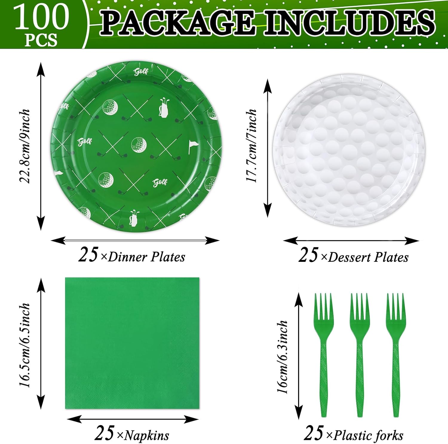 Qyeahkj 100 Pcs Golf Party Supplies Golf Ball Disposable Plates and Napkins Set Green White Sports Themed Paper Plates Dinnerware Kit for Sports Birthday Baby Shower Party Decorations Favors Serve 25