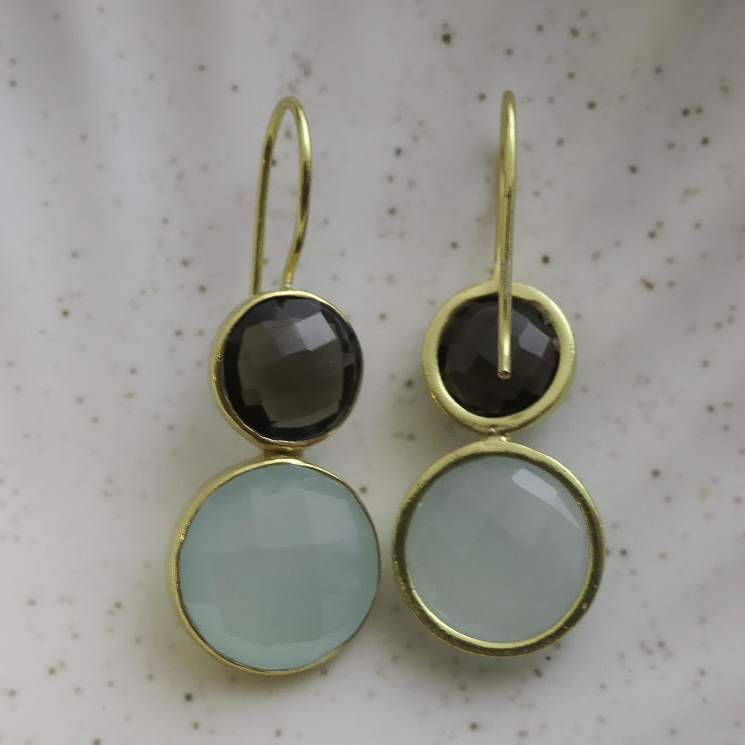 Rauchquarz & Aqua Chalcedon Edelstein Ohrringe | Hängende Ohrringe Damen Gold Silber 925 Vergoldet 4cm, Handgefertigt von GIA-Gemmologin Geschenk zum Geburtstag