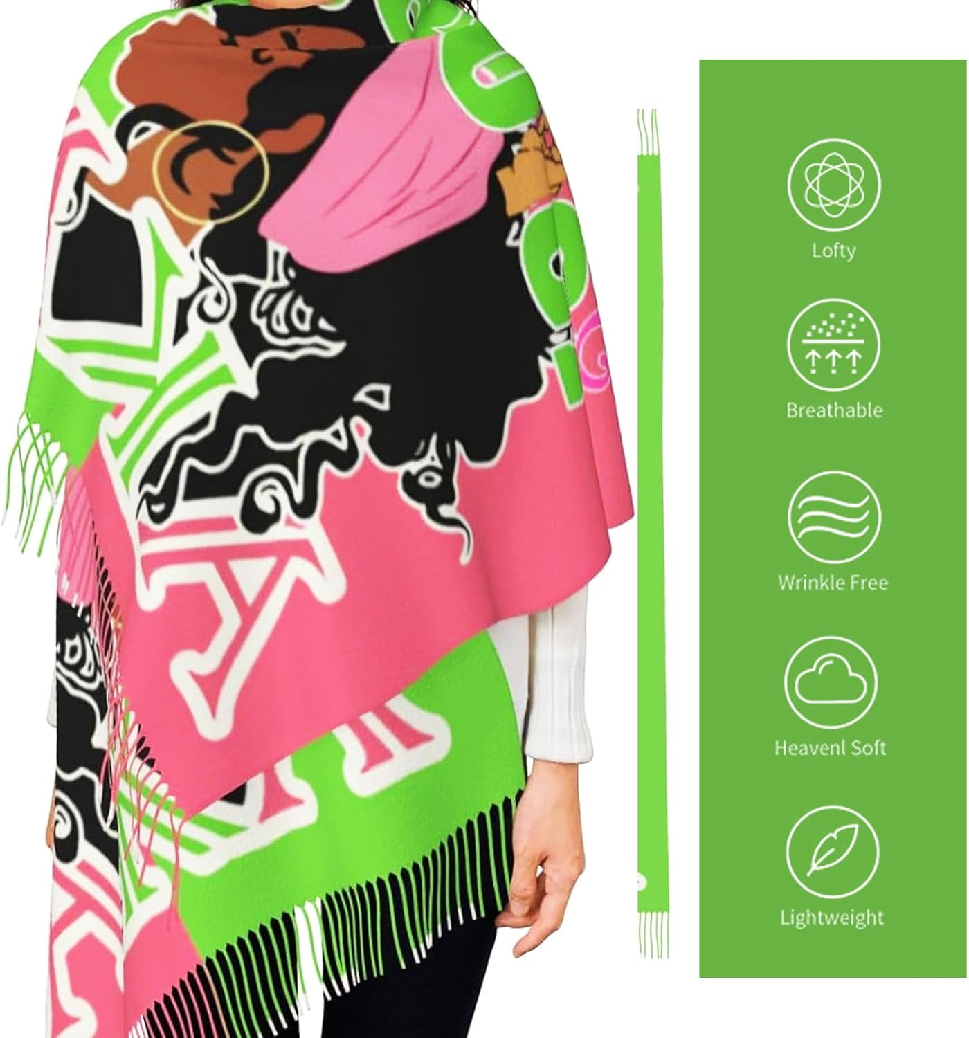 Aka Scarf Sorority Gifts, Winter Pashmina Shawl Wrap with Fringed Edges,Pink and Green Greek Sorority Scarves Rave Scarf Super Soft Wraps Scarves With Tassel,AKA Sorority Gift for Women - Image 6