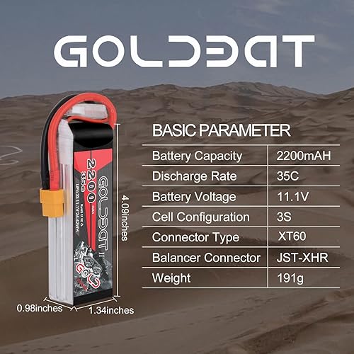 Miniatura 2 de GOLDBAT 3s Lipo Battery 35C 2200mAh 11.1V Lipo Batería con conector XT60 Estuche suave para avión RC Quadcopter Helicóptero FPV Drone (2 paquetes)