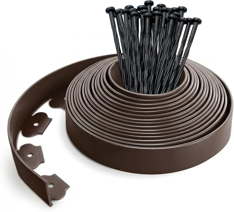 VOUNOT® Bordo Giardino Flessibile, Bordi Aiuole Plastica, con 30 Chiodi di Fissaggio, Lunghezza 10m, Altezza 5cm, Marrone