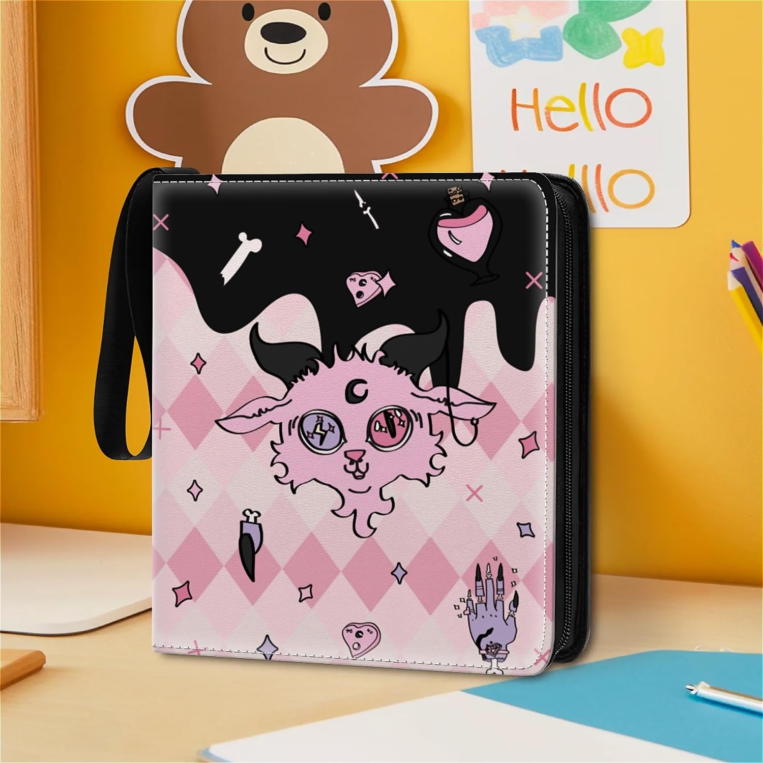 Carpeta de tarjetas con 900 bolsillos, 50 fundas, grande, 9 bolsillos, organizador de almacenamiento, funda protectora para coleccionistas, regalo de cabra, rosa, brujería