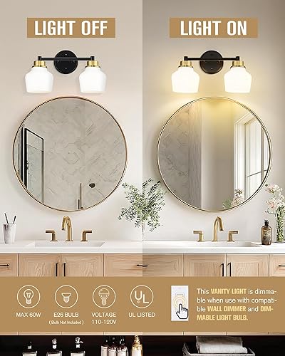 Miniatura 2 de Emak Lámpara de baño negra y dorada sobre espejo, lámpara de tocador de baño de 2 luces con pantalla de vidrio de leche, luces modernas de tocador