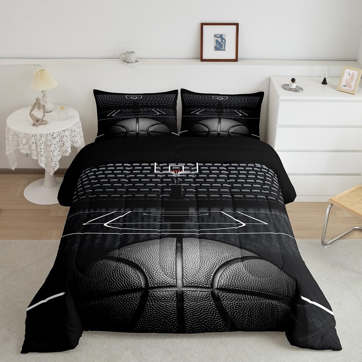 Couette de lit basket-ball 3D noire pour chambre d'ado fan de sport