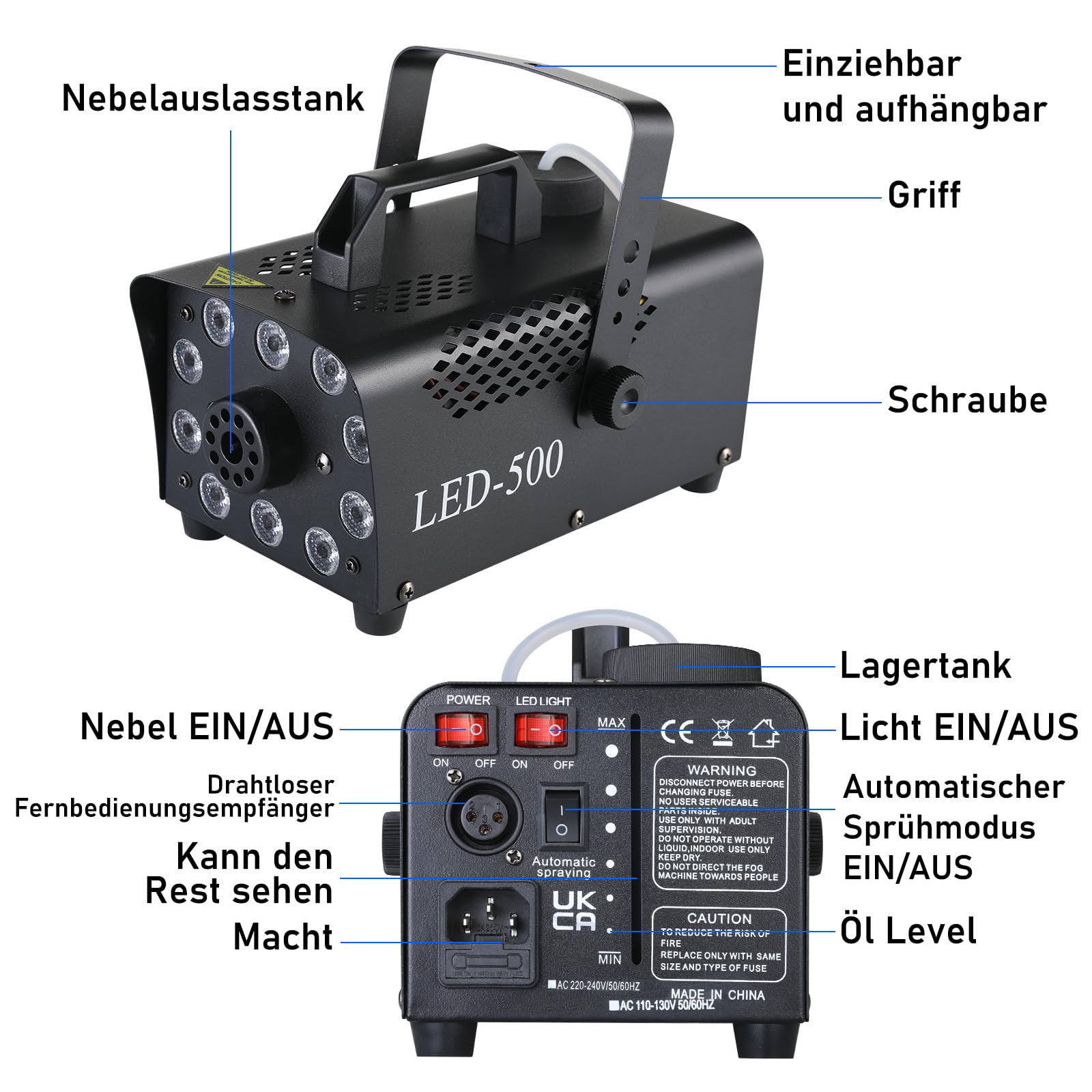 MAMIZO Nebelmaschine Mini, 500W Fog Rauchmaschine mit RGB Effekt, 13 Farben 10 LED Licht Smoke Machine, mit 2 Kabelloser und 1 Kabelgebundener Fernbedienung, für Halloween Weihnachten DJ Party