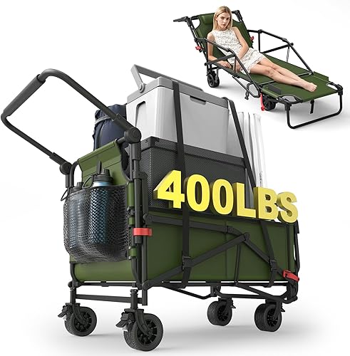 LEVELEVE Vagón Plegable de Servicio Pesado - Carrito Plegable 2 en 1, Capacidad de 400 libras, Ruedas Todo Terreno con Frenos y Bolsillos Laterales