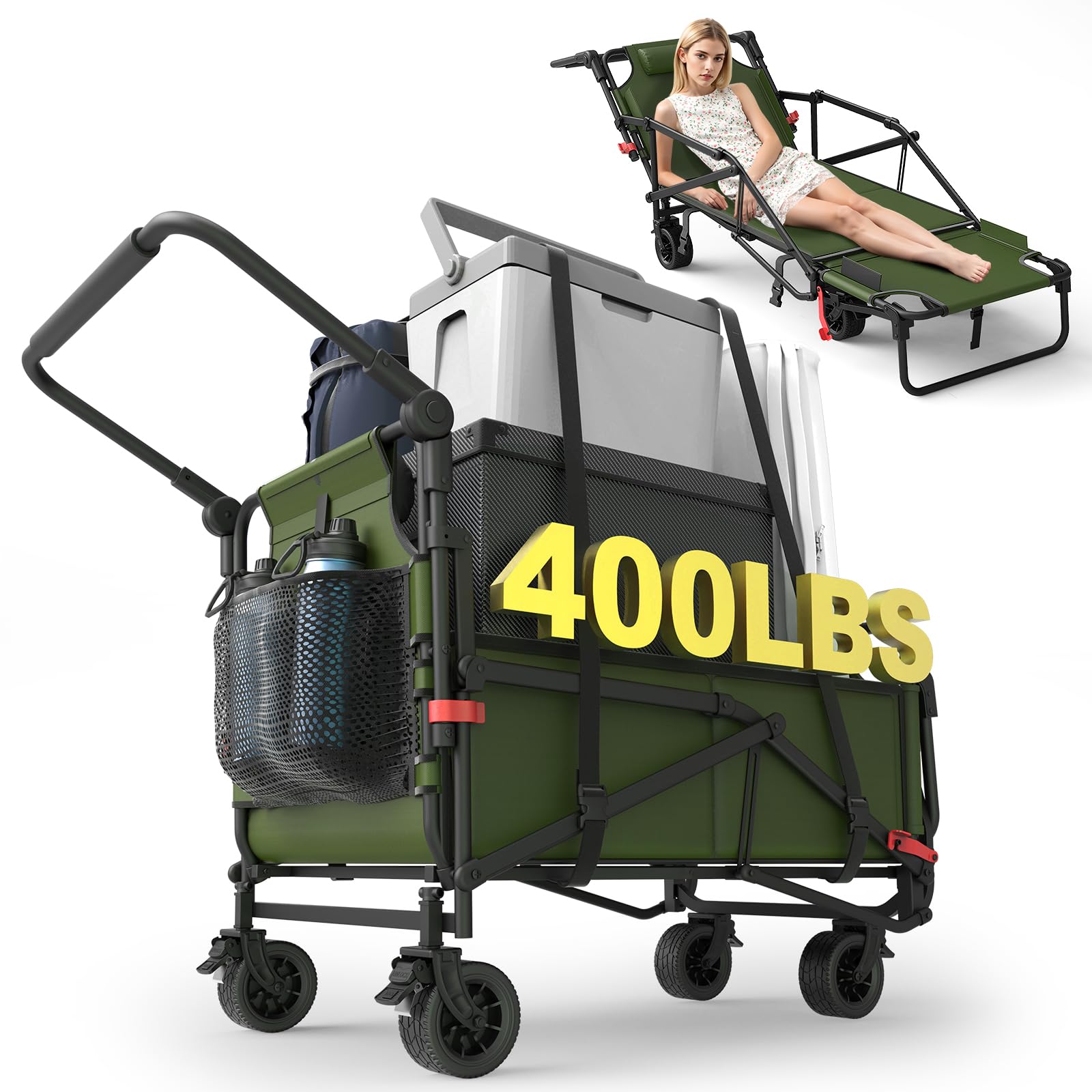 LEVELEVE Heavy Duty Folding Wagon - 2-in-1 Collapsible Cart, 400lb Capacity, All-Terrain Wheels w/Brakes & Side Pockets (Army Green)