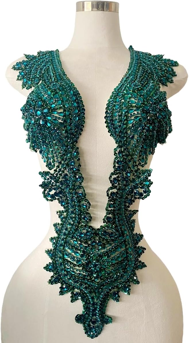 Handmade Crystal on lace Applique Sewing Rhinestones Beads Sequins Patches Trim Luxury Decoration Accessories for Wedding Dress (Deepgreen)