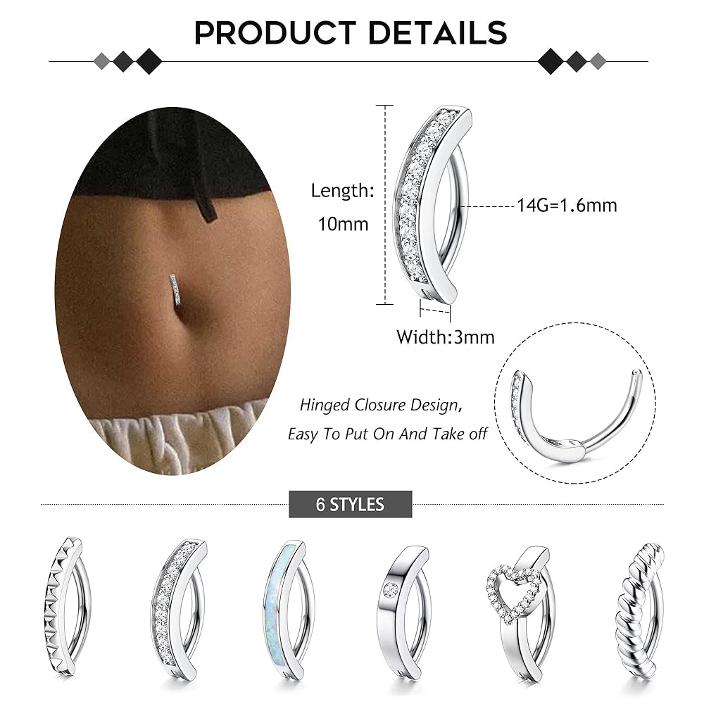 Set 6 Piercing Ombelico In Oro E Argento - Con Zirconi E Opale, Spessore 14G - Foto 6