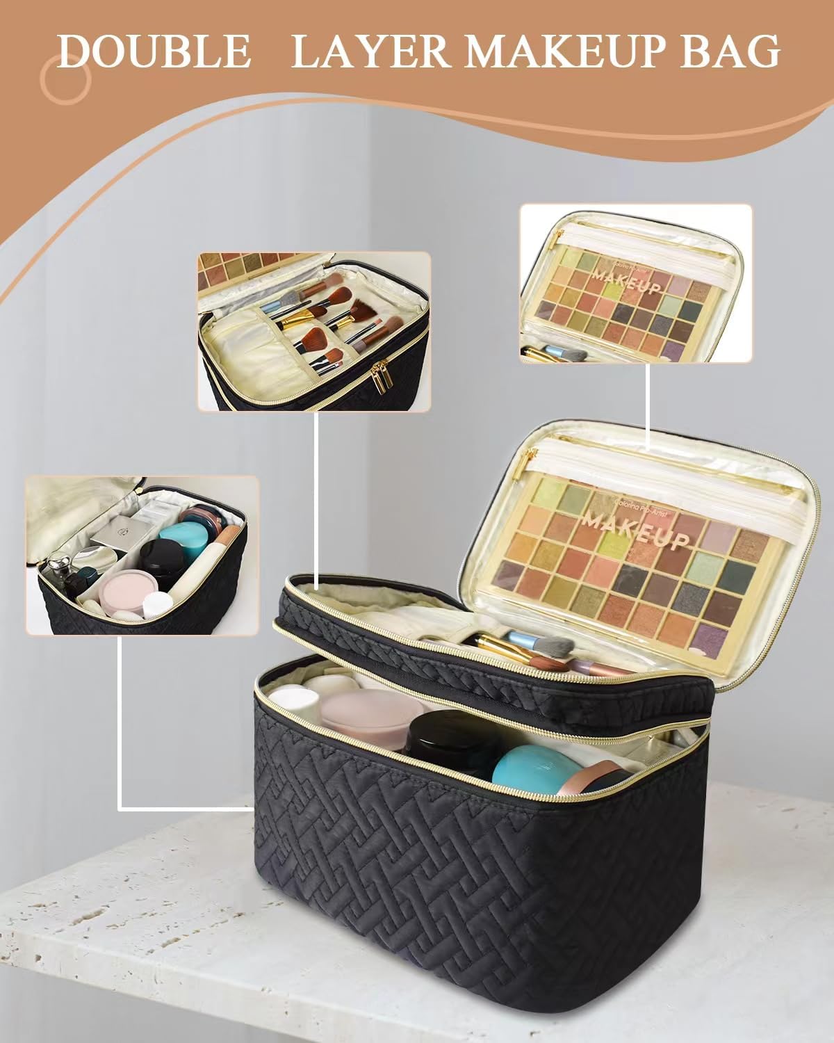 Makeup Bag Organiser for Women, Large Double Layer Cosmetic Make Up Bag with Brush Compartment, Portable and Water-Resistant Toiletry Bag Travel Essentials, Black - Image 2