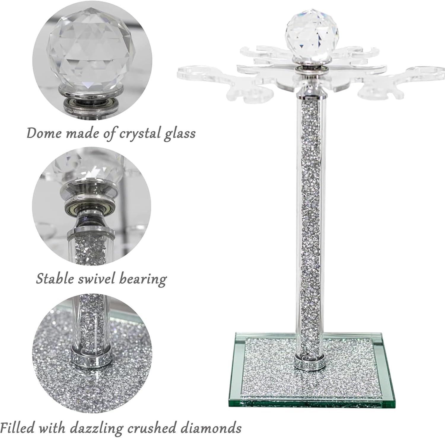 Crystal Wine Glass Holder, 14"H Desktop Rotate Stemware Rack, Crushed Diamond Home Decor, 6 Hook Countertop Wine Glass Rack, Cup Drying Storage Holder for Kitchen, Hotel Banquet, Party (Silver)