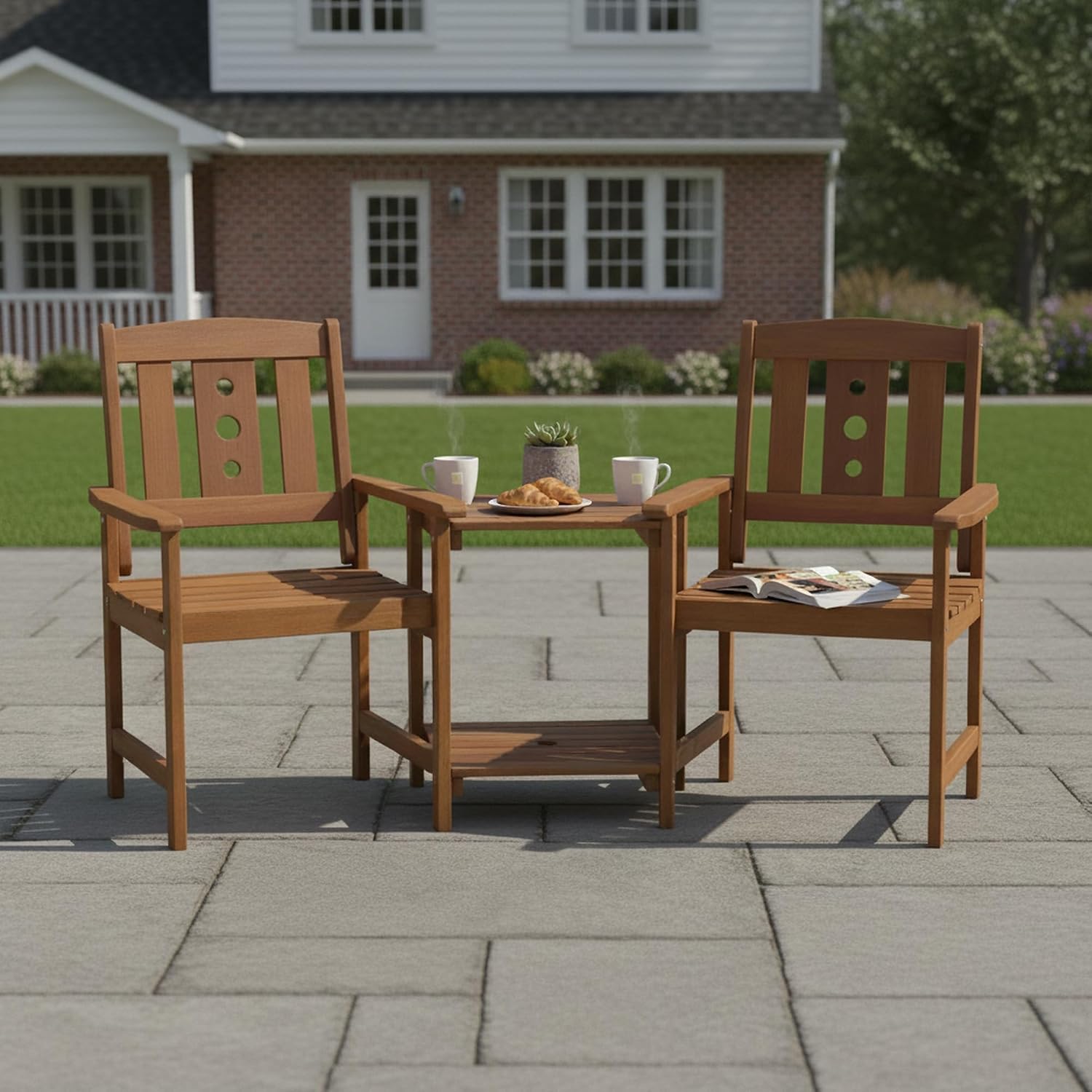 Furinno TIOMAN Outdoor Dining Set, 2-Seater Wood Patio Set, Chairs for 2 & Side Table, with 2-Tier Shelf and Umbralla Holes, for Patio, Garden, Porch, Light Wood