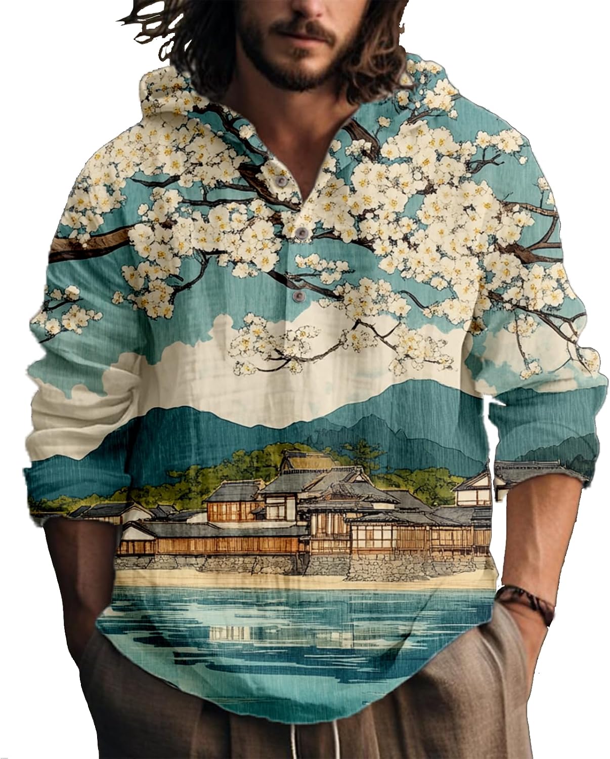 Hooded Sweatshirt Men Japanese Artsy Graphic Button Up Cool Light Weight Slim Fit Hoodies Long Sleeve Shirts