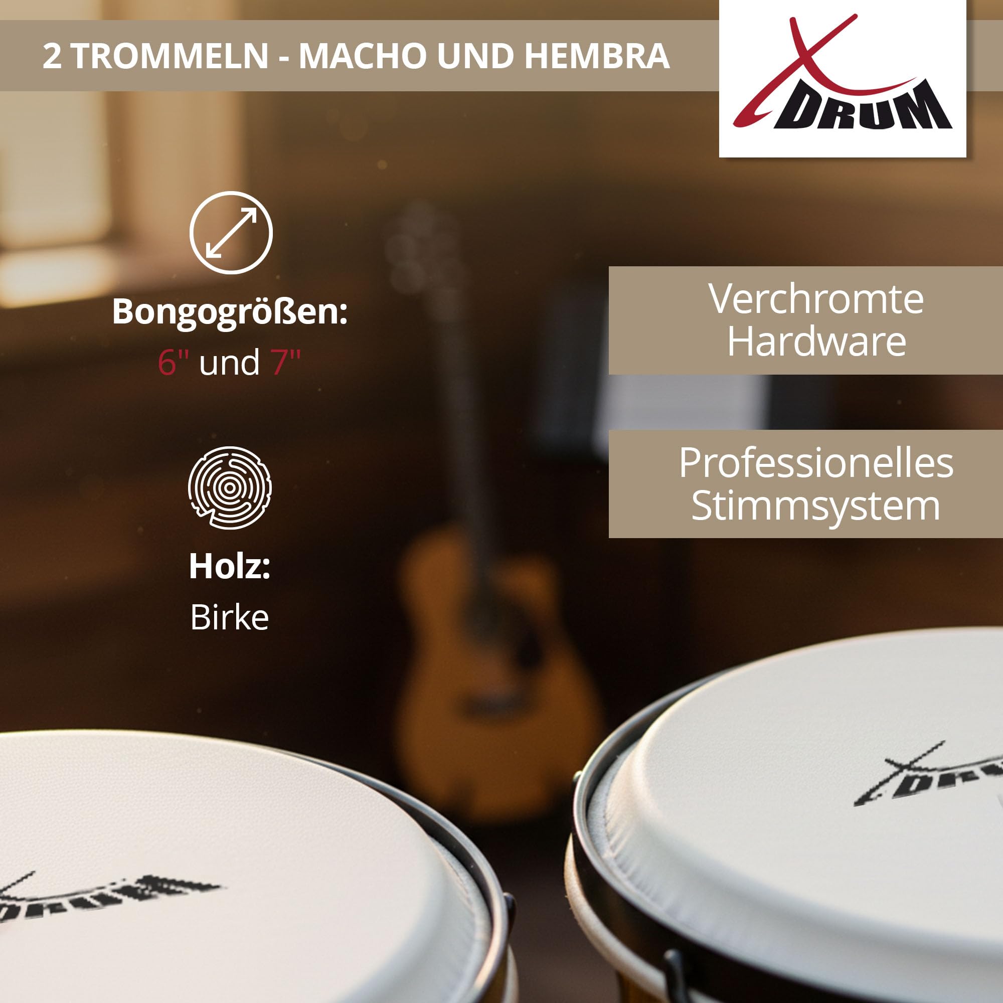 XDrum PERC Bongos Club Burdeos - 2 tambores de 6" y 7" - Bongos con parches naturales afinables y llave de afinación - Tambores de madera Vintage Sunburst
