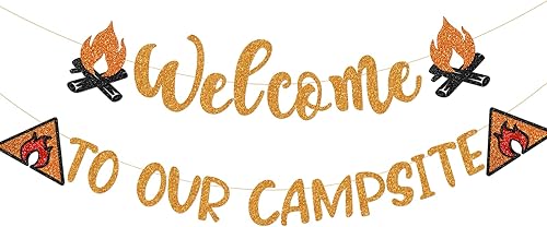 Decoraciones de fiesta de campamento, pancarta de bienvenida a nuestro campamento, suministros de fiesta de cumpleaños, decoración de aula temática