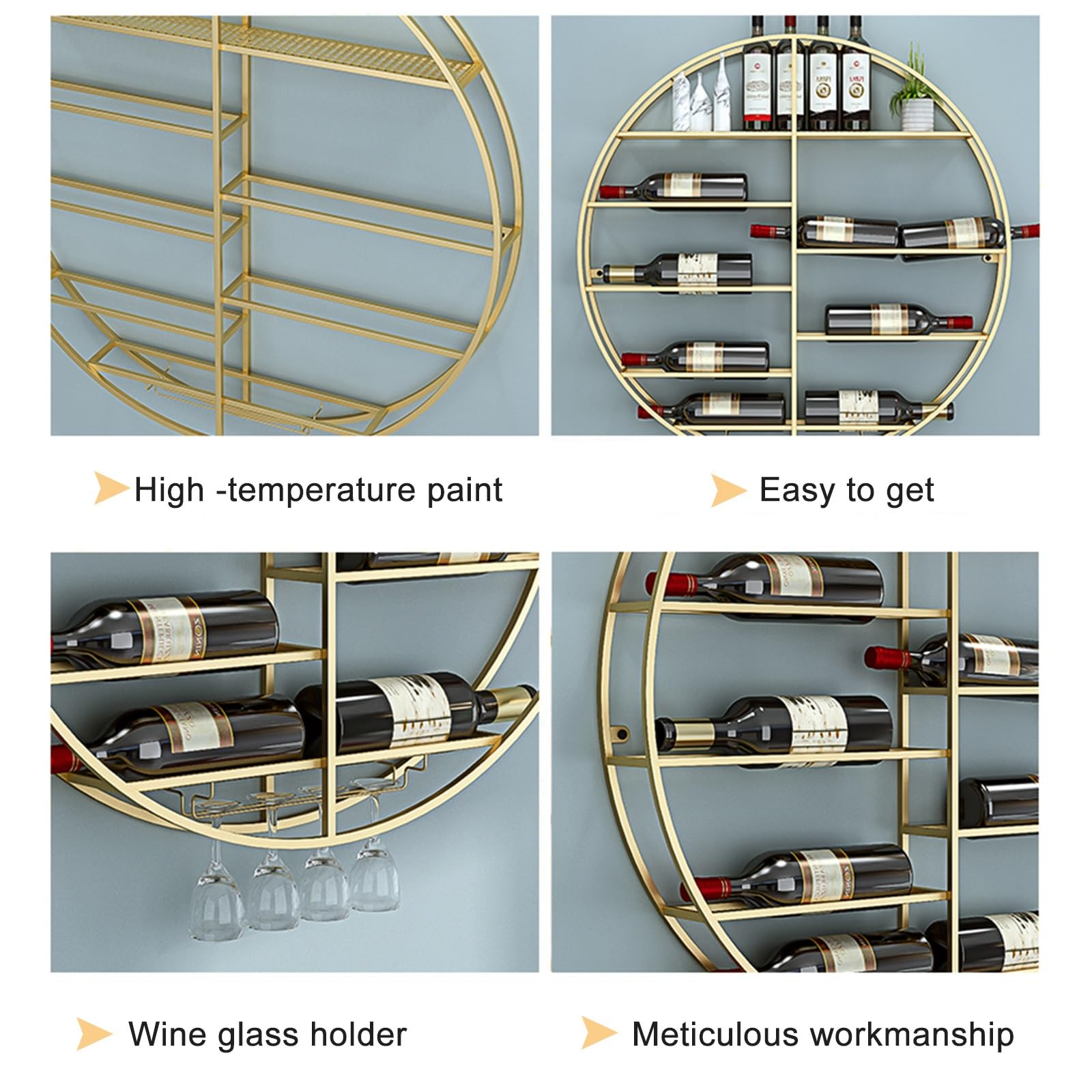 Generico Portabottiglie Moderno in Metallo con Porta calici e ripiano - Portabottiglie da Parete per riporre Bottiglie di Vino, per Bar di casa, Sala da Pranzo, Cucina - Organizer Multifunzionale (ne