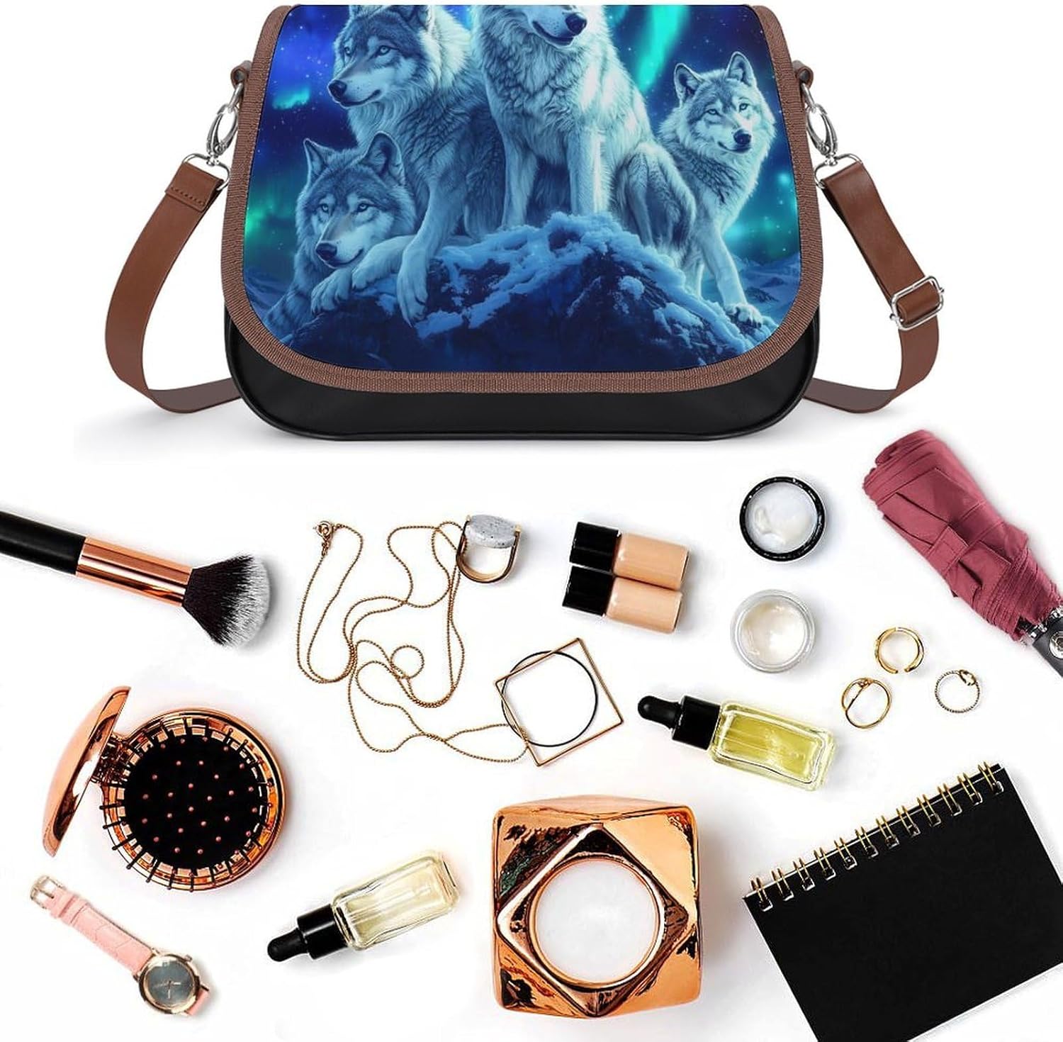 Wolves Northern Lights Women's Shoulder Handbags Cute PU Leather Purse Crossbody Messenger Bags