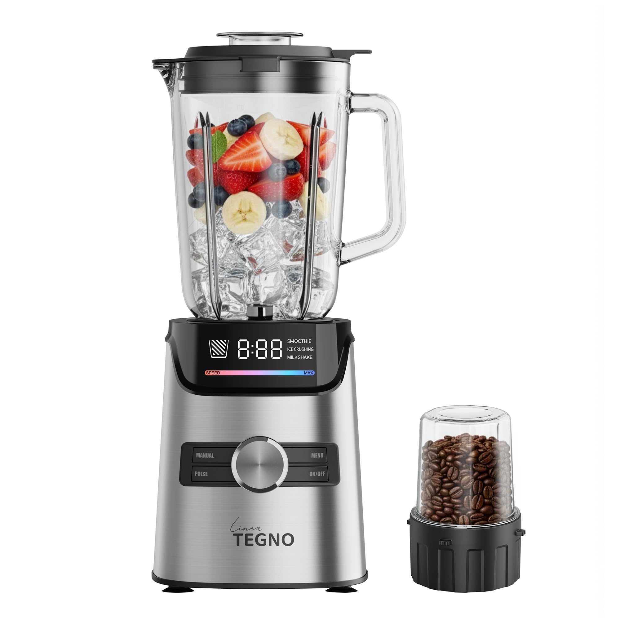 Power Blender - Linea Tegno – Profi Standmixer & Smoothie Maker – 1400W Hochleistungsmixer mit 1,7L Glasbehälter, LED-Display & 250ml Kaffeemühle – Edelstahl