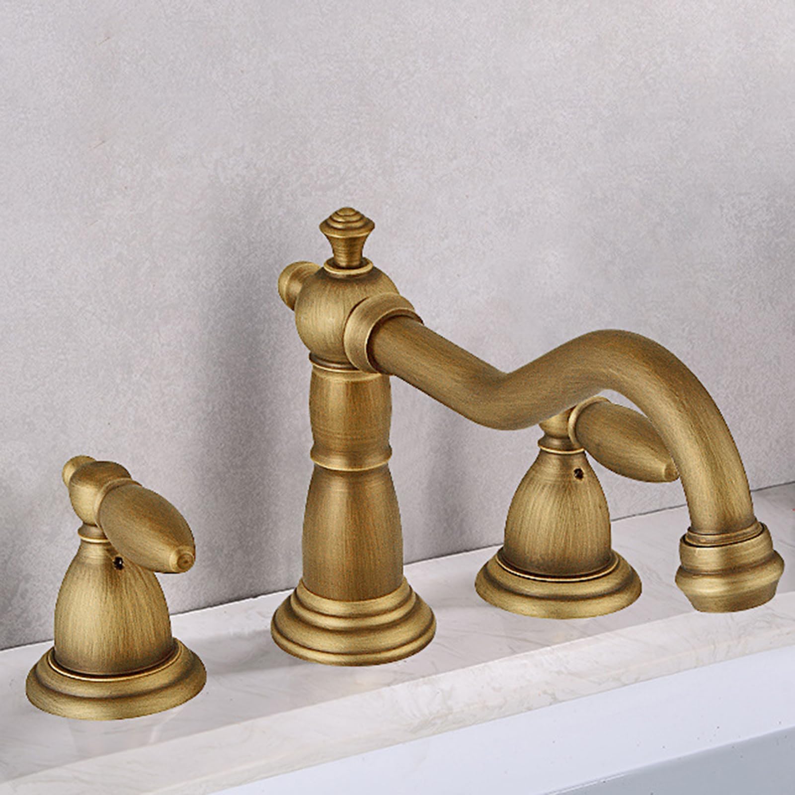 BiaoTeng Rubinetto Vintage Bagno Lavabo e Bidet Miscelatore a Tre Fori con Due Manopole, Caldo e Freddo Rubinetto Lavandino Bagno Antico Ottone