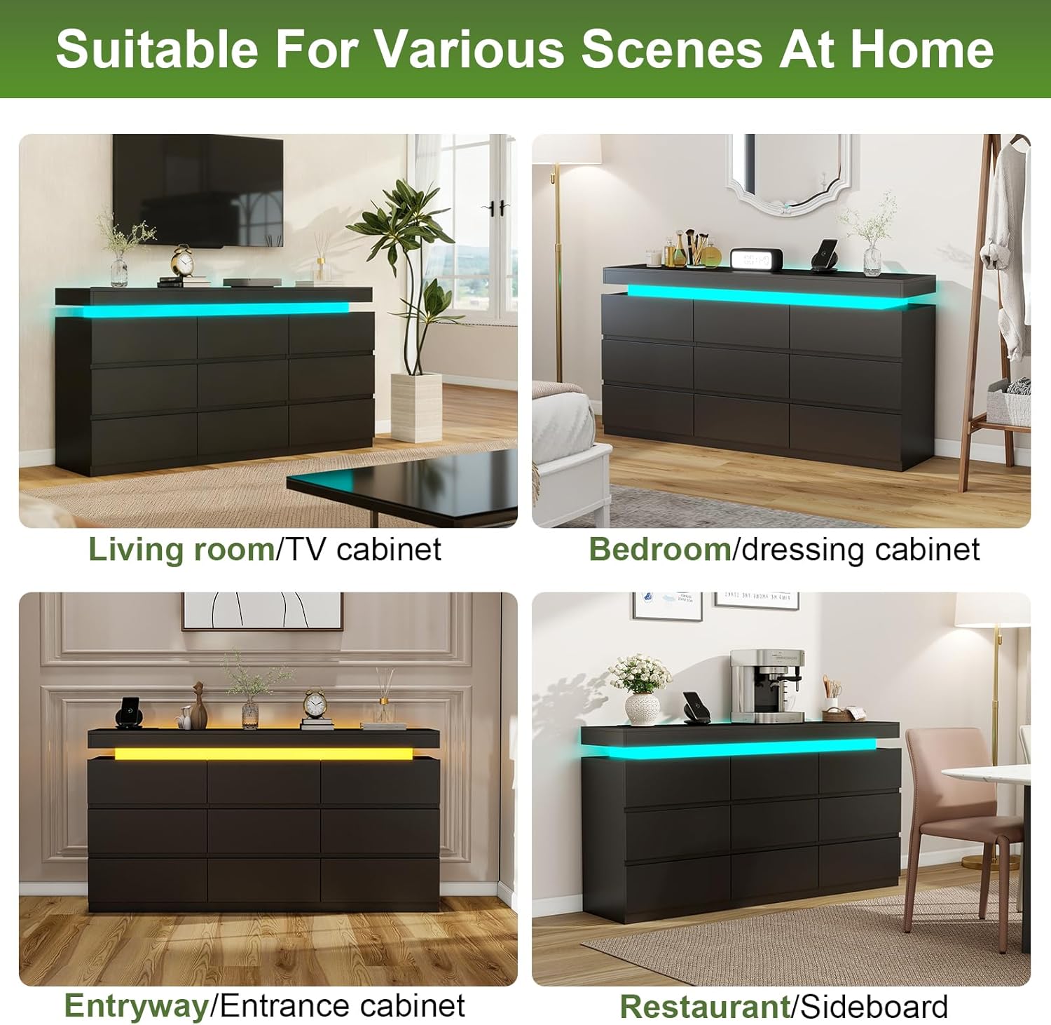 Vipbear 9-Drawer Modern Dresser with RGB LED Lights & Charging Station, Wide Black Chest of Drawers & Storage Cabinet for Bedroom, Supports TV up to 75", Living Room Accent Furniture