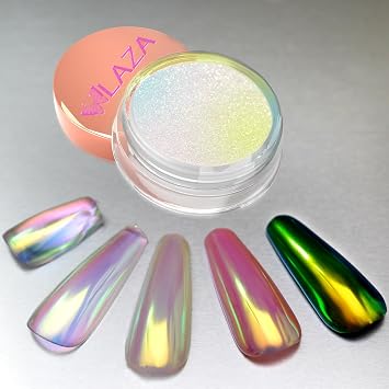 Laza Mermaid Chrome Nail Powder Glazed Donut Nails Metallic Mirror Effect Pigment Shimmer Pearl Powder Iridescent Nail Glitter Fairy Dust for Nail Art Supplies Gel Polish ManicureGolden Green Unicorn