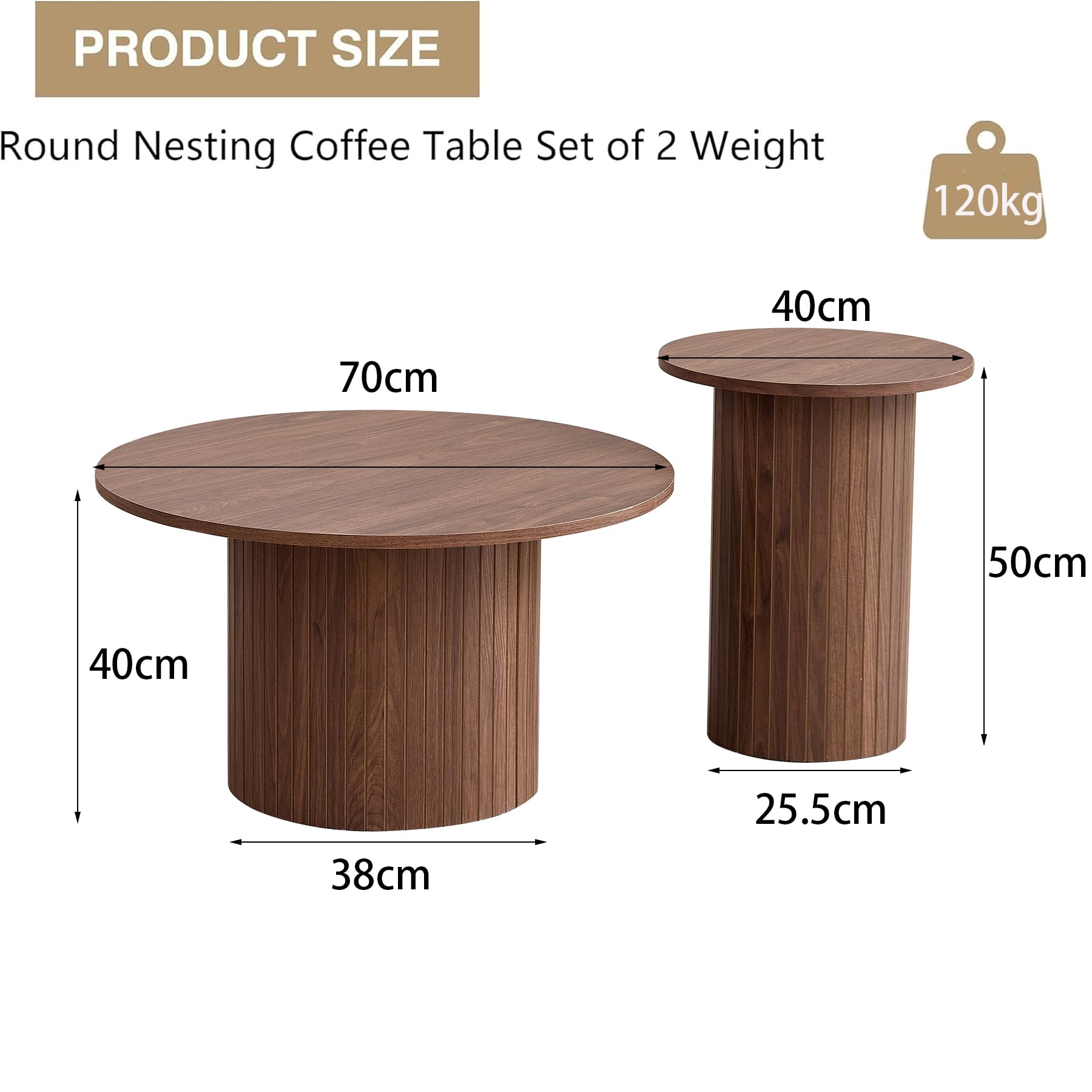 Lot de 2 Tables Basses Rondes Modernes, Support de Base de Colonne Romaine, Table D'appoint de Canapé Ronde de Style Ferme, Convient au Salon, au Bureau - Marron Foncé