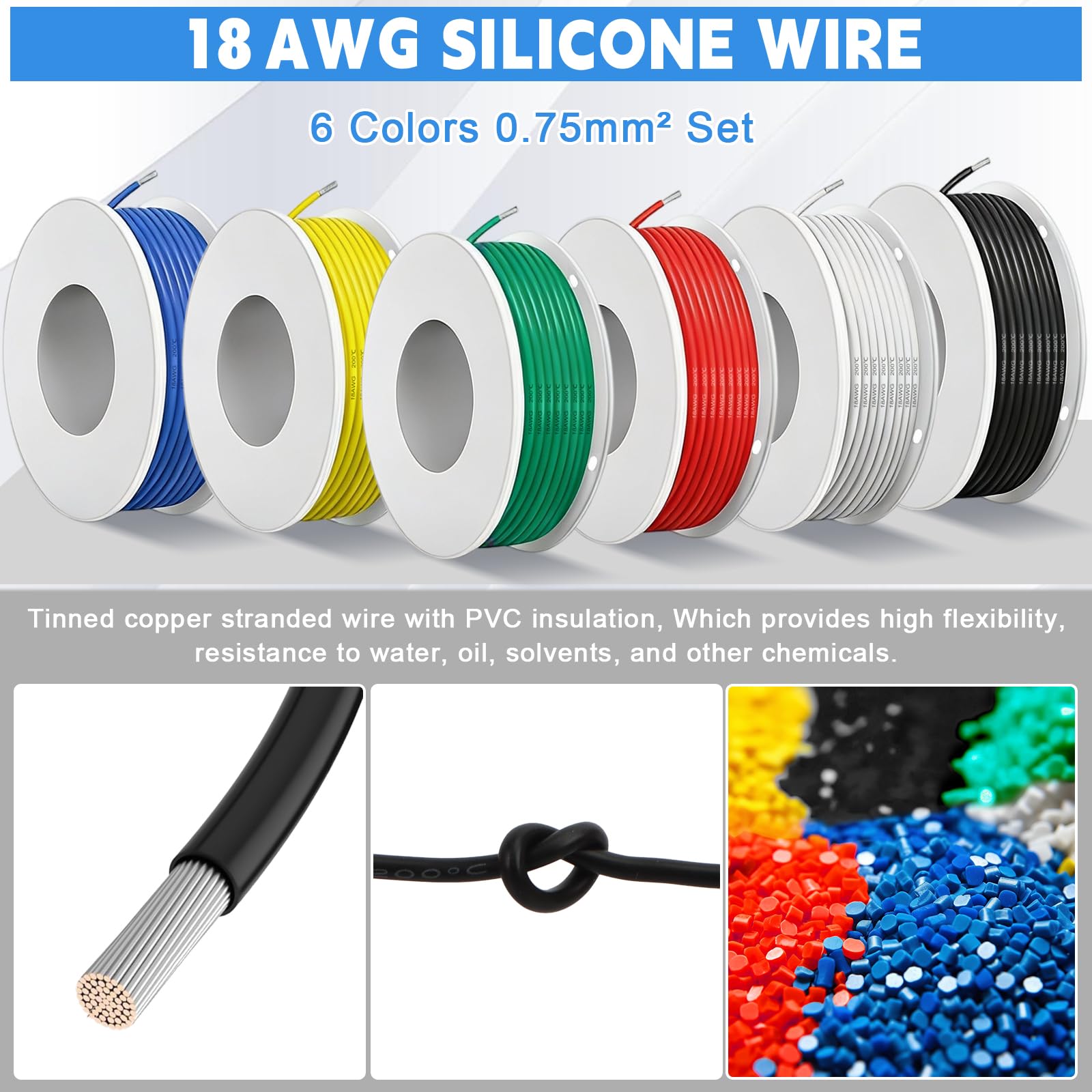 Cable eléctrico de silicona - 18AWG 0,75mm² 6 colores(cada color 8 m) Alambres eléctricos kit Alambre de cobre estañado trenzado Para bricolaje, modelos RC, lámparas, electrodomésticos, etc.