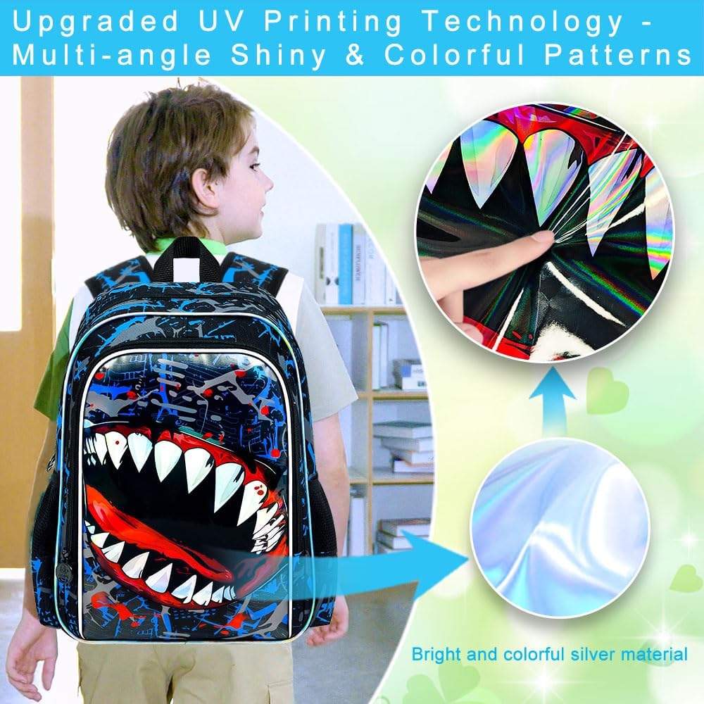 3Pcs Shark Backpack for Boys, 17" Kids Bookbag for Elementary Preschool Kindergarten, School Backpacks with Lunch Box (Blue) - Image 3