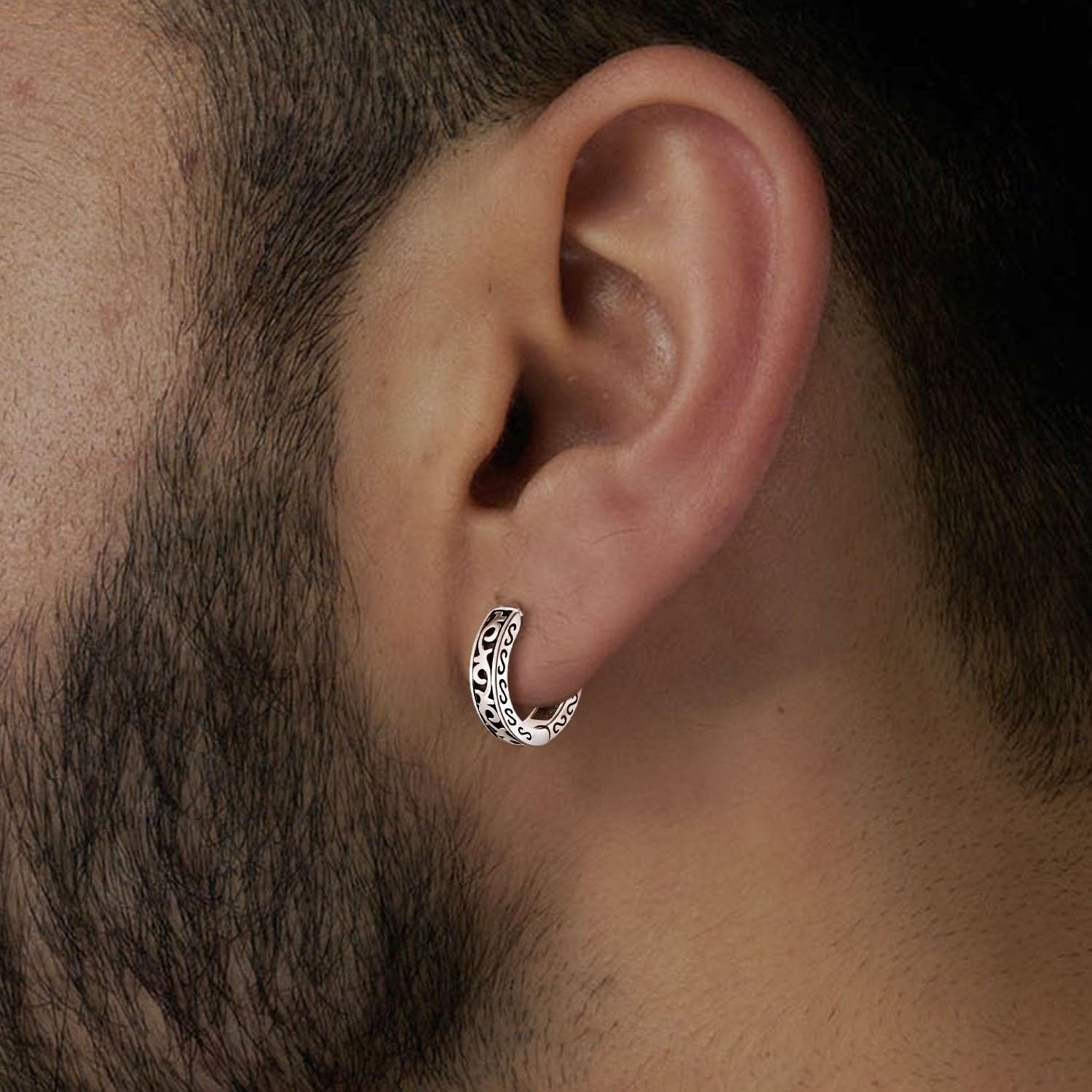 LeCalla 925 Sterling Silver Men's Huggie Hoop Earrings | Viking Celtic Knot & Minimalist Black Stripe Design Hoops | Vintage Unisex Silver Hoop Earrings Jewelry Gift