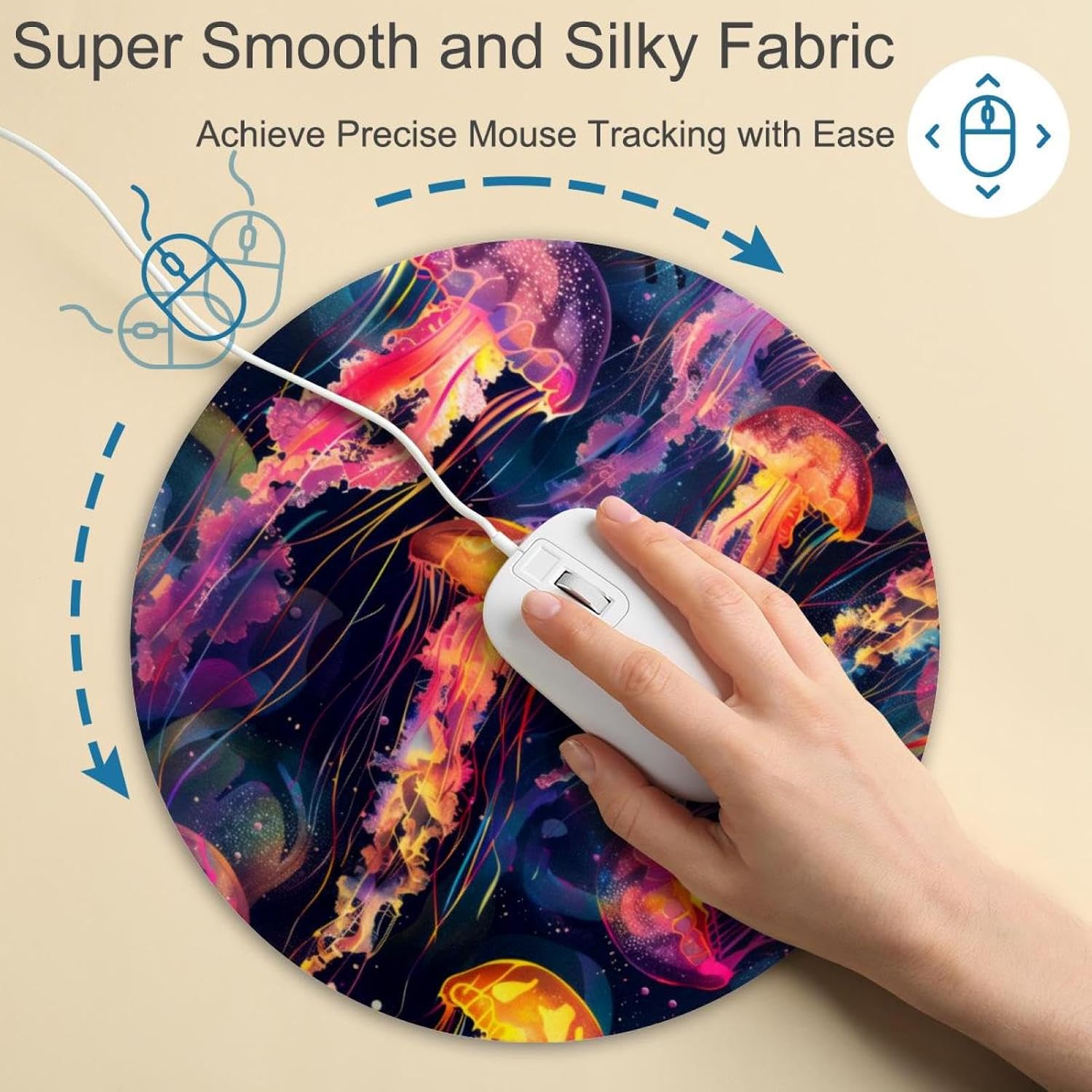 Round Mouse Pad for Women Men, 10’’ Round Desk Pad Mousepad Non-Slip Rubber Base, Office Home Laptop Accessories, Colorful Ocean Jellyfish Seamless Pattern image 4