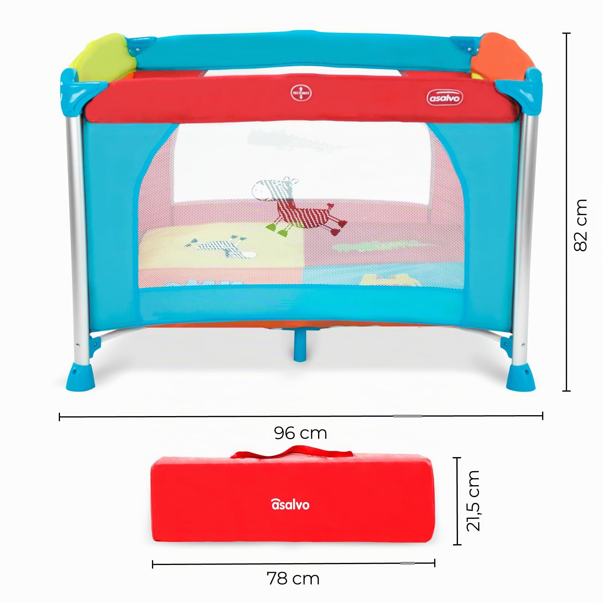 Parque Infantil ALUMINIUM 96x96 cm - Plegable, con Suelo Acolchado, Patas de Aluminio, Malla Transpirable y Bolsa de Transporte, Centro de Juegos Seguro para Bebés - Jungla de Colores Asalvo
