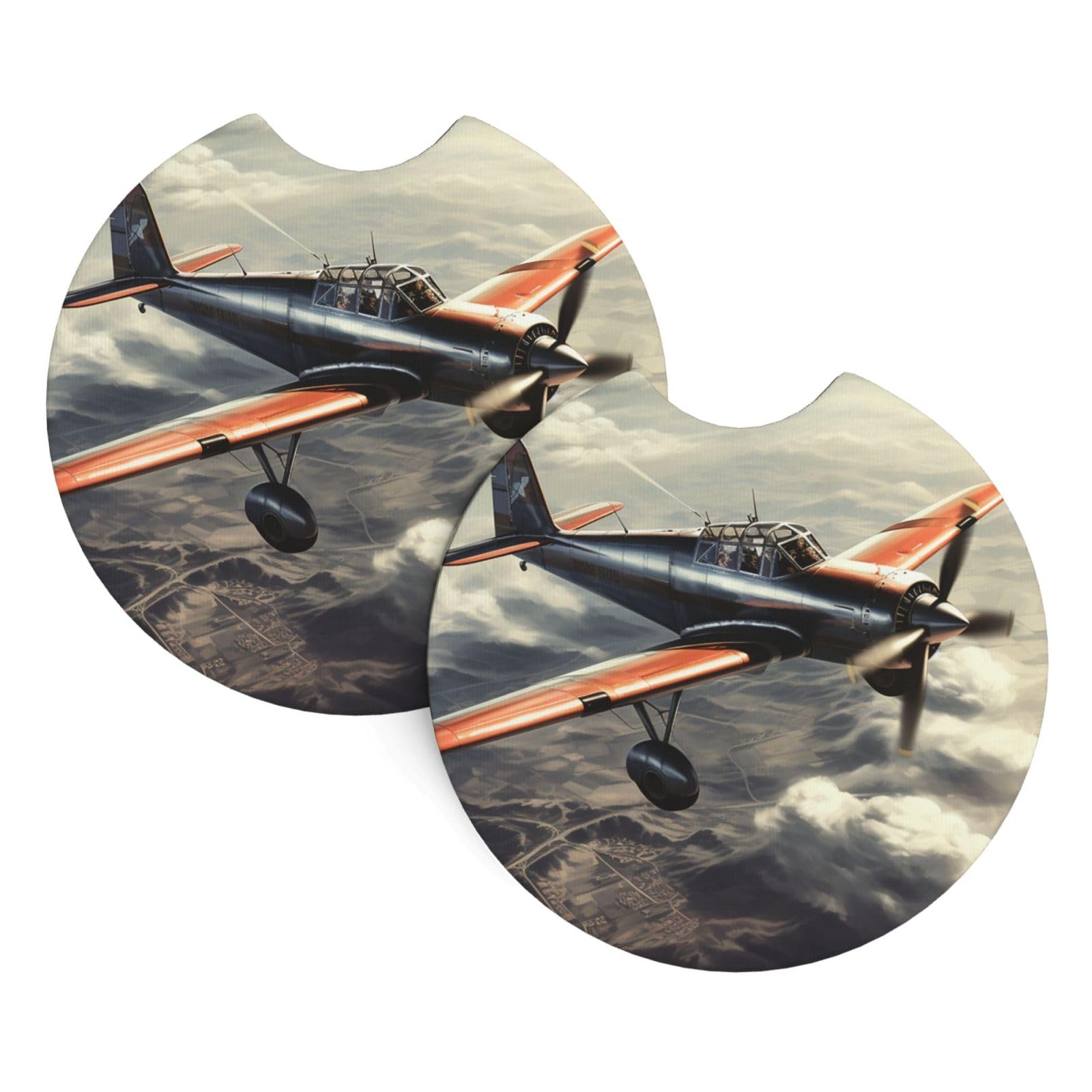 2PCS Car Coaster for Cup Holders Universal Auto Cup Mat Retro Airplane Cup Coaster Pad 2.7" Waterproof Neoprene Non-Slip Cup Holder Coasters Car Interior Accessories for Women Men