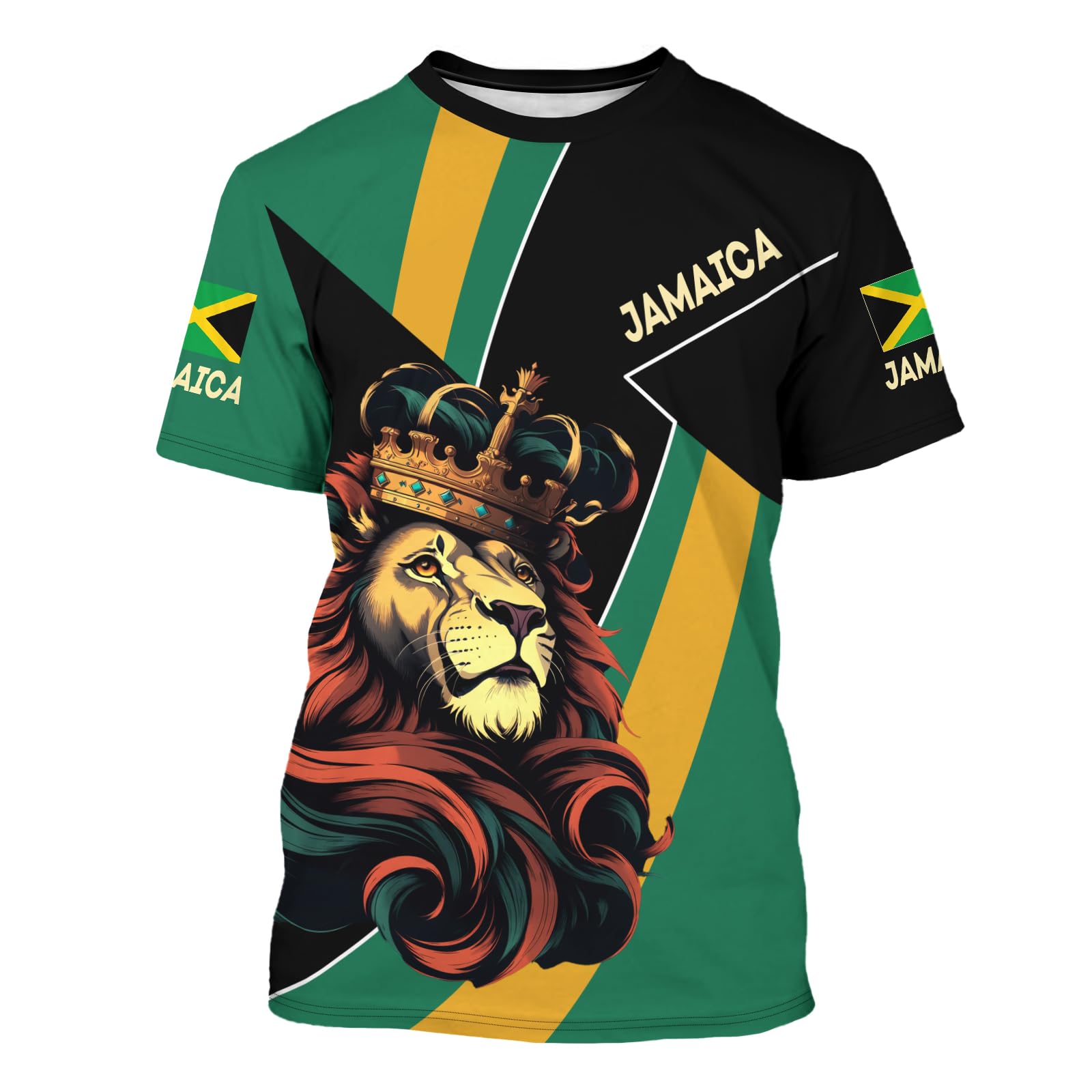 BJU Jamaica Flag T-Shirt Lion Tee Printed Crewneck Short Sleeve Casual Sports Top Unisex