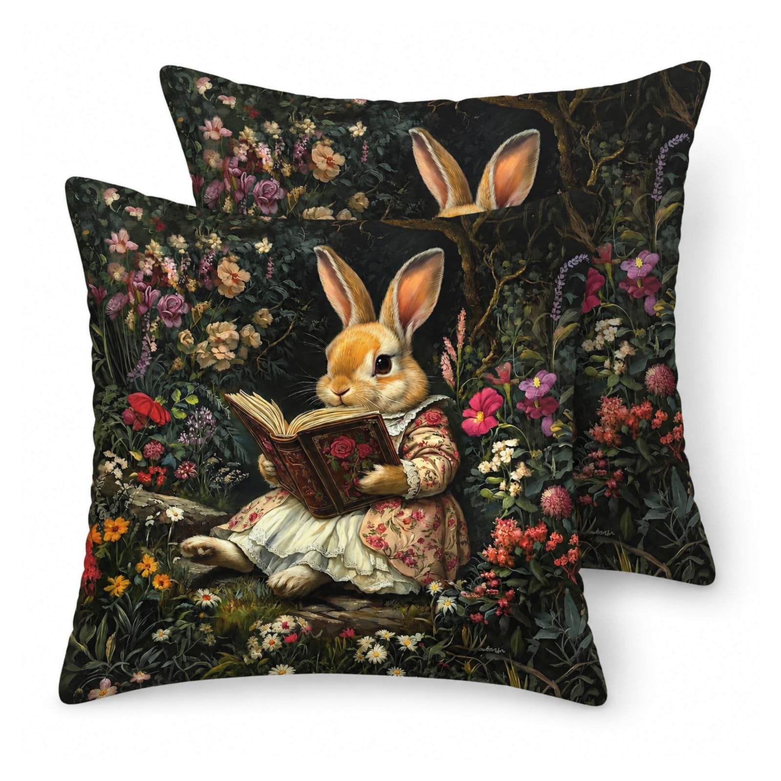 Rabbit Floral Black Cushion Covers 45 x 45 cm 2 Pack Soft Plush Fabric