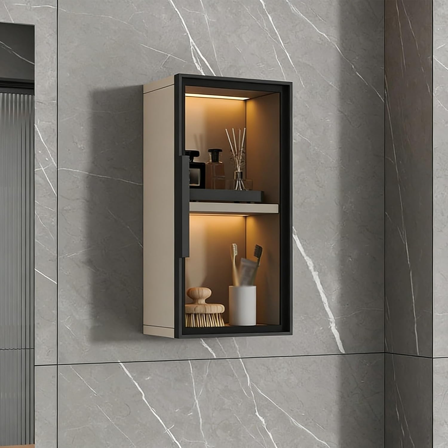 Wall Cabinet with Glass Doors, Kitchen Walls Cabinets Storage, Kitchens Walles Cabinetes with Doors, Wall Mounted Storage Cabinet for Bathroom, Living Room, Bedroom,WarmWhite-30x60x14CM