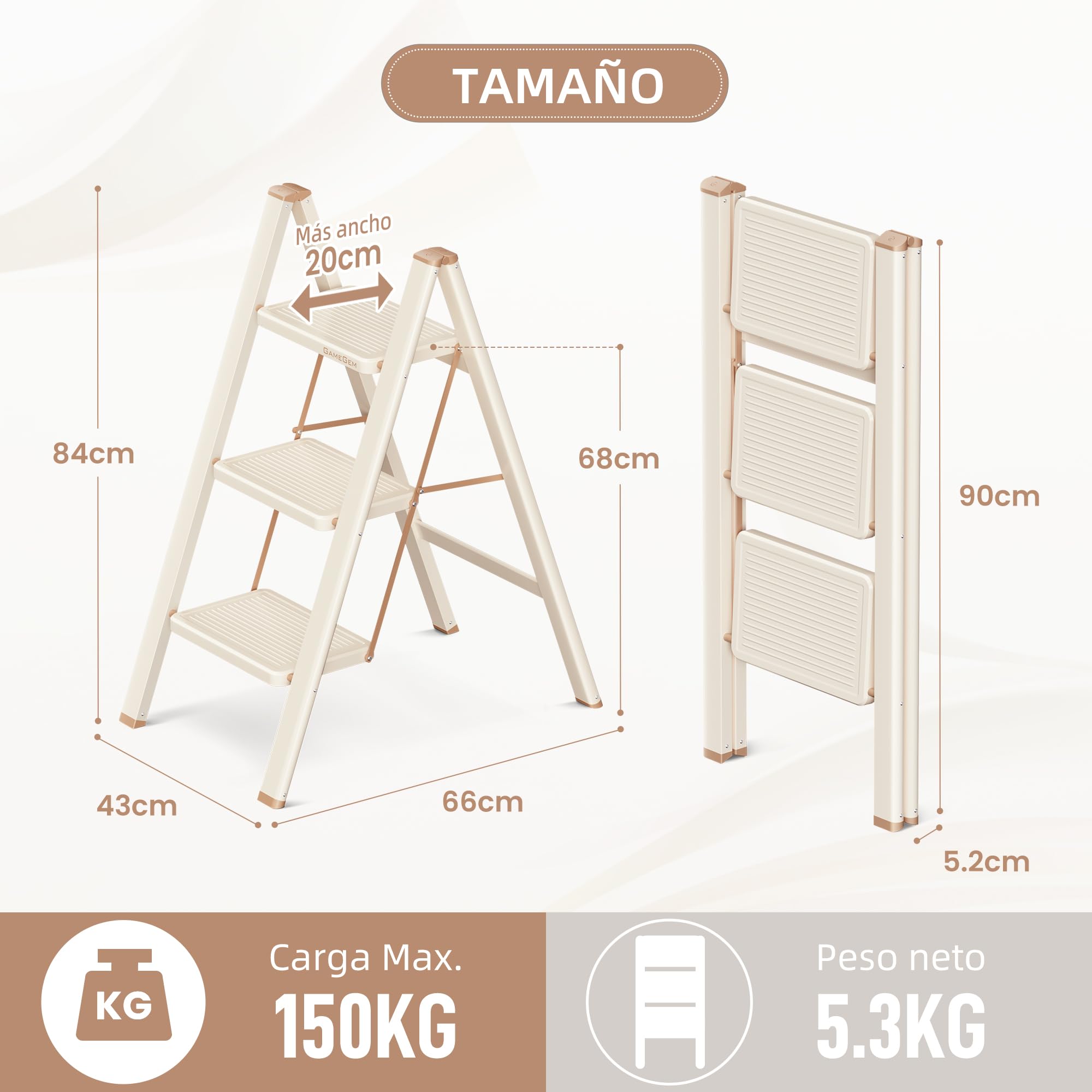 Escabel de 3 Peldaños para Adultos, Escalera Plegable con Base Antideslizante, Peldaños Ampliados, Diseño Estético Que se Integra Perfectamente en Interiores Domésticos