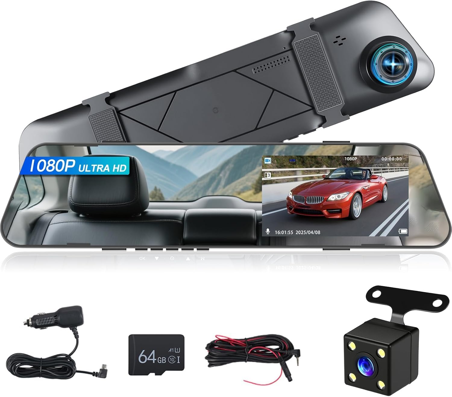 NHOPEEW 1080P Dash Cam con specchio e schermo da 4,5 pollici - Telecamere anteriori e posteriori Supporta registrazione in loop Controllo dell'esposizione della linea di retromarcia Visione notturna