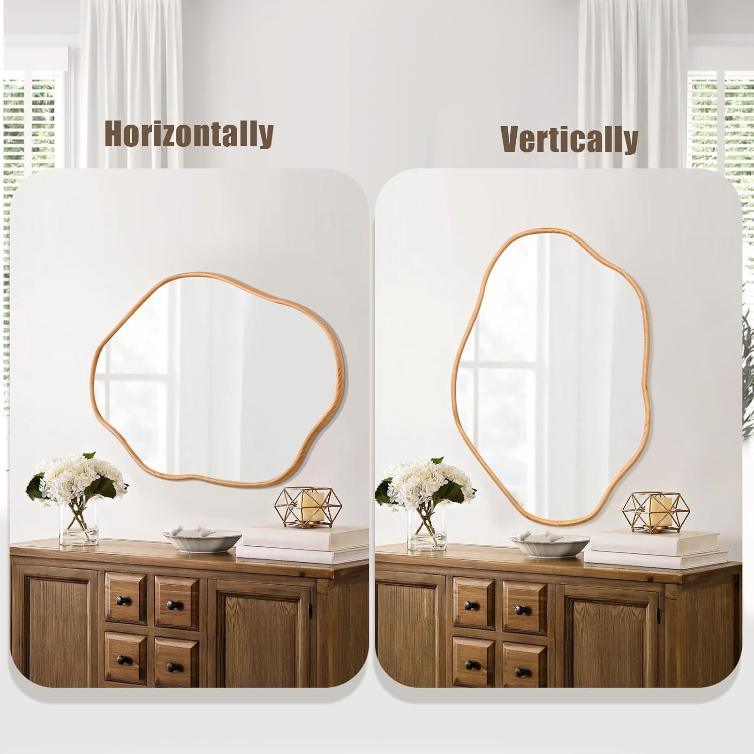 ULIKE Irregular Wall Mirror, 24x36 Inch Asymmetrical Wall Mirror with Solid Wood Frame, Mid-Century Modern Decor with Natural Wood, Vanity Mirrors for Bathroom Bedroom Living Room Entryway
