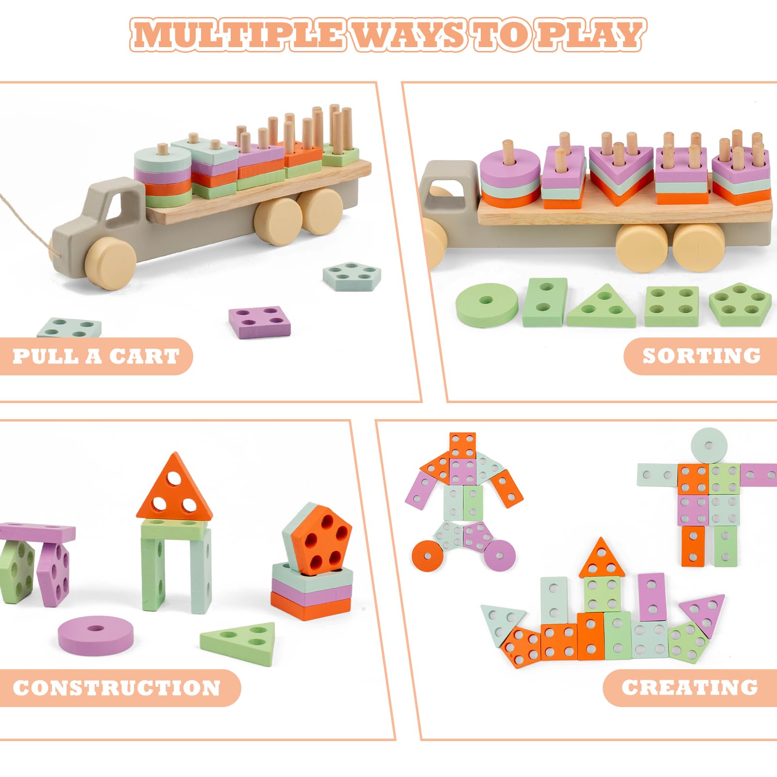 Montessori 1 an, Jeux Educatif Enfant Jouet d'Activité et de Développement 12 Mois et Plus, Jouets en Bois Jouet à Tirer Corde Jeux à Empiler pour Enfants en Bas Âge