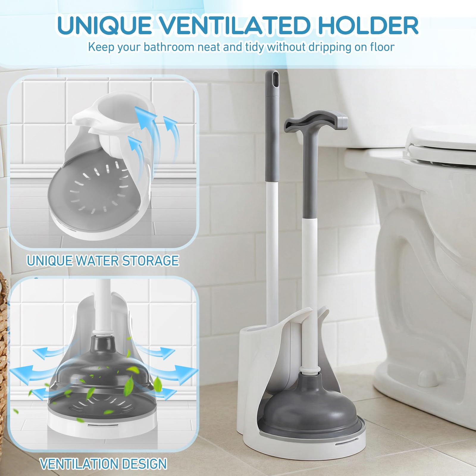 Reallnaive Juego de 6 escobillas de inodoro y émbolo de 22 pulgadas, mango extendido, cepillo de inodoro resistente con soporte, herramientas de baño, kit de suministros de limpieza profesional para