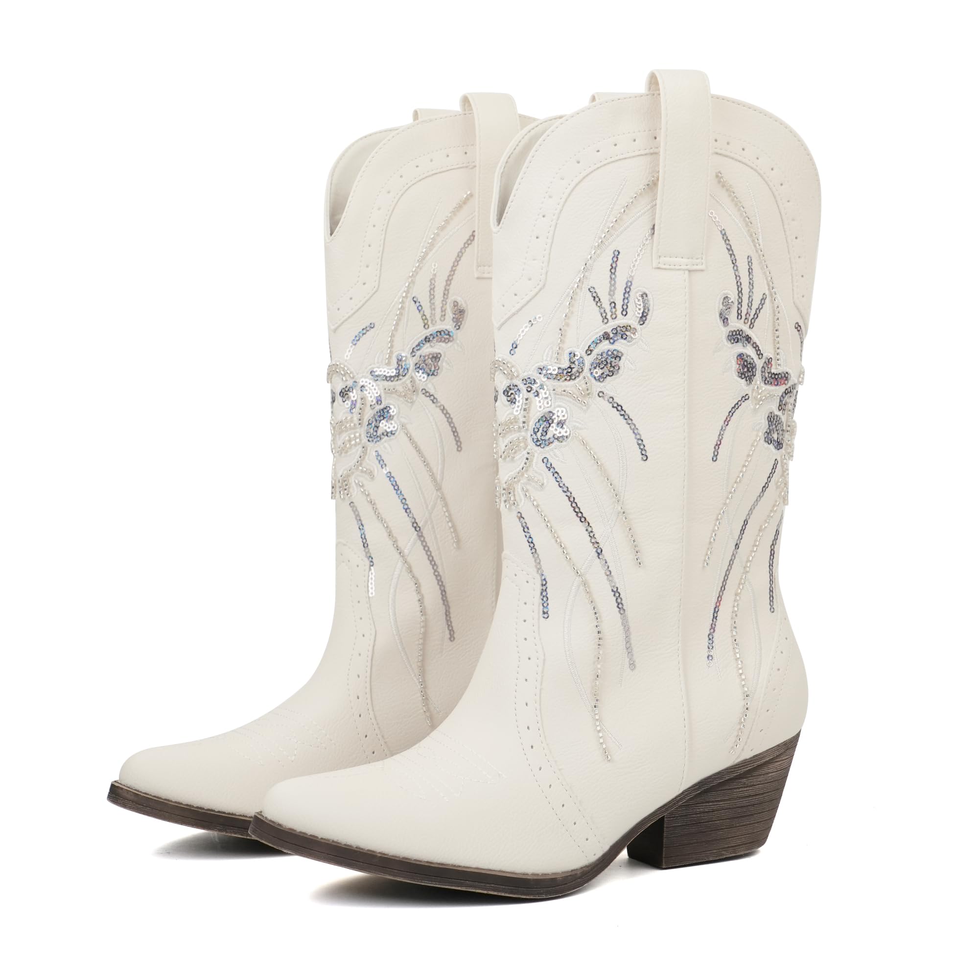 JABASIC Womens Mid Calf Western Cowboy Boots Pointed Toe Sequin Embroidered Chunky Heel Cowgirl Booties