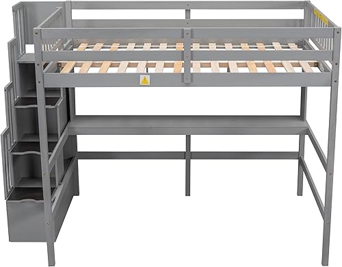 Miniatura 131 de Quarte Cama alta multifuncional, cama alta tamaño matrimonial con escritorio integrado y estantes de almacenamiento, dos cajones y escalera de